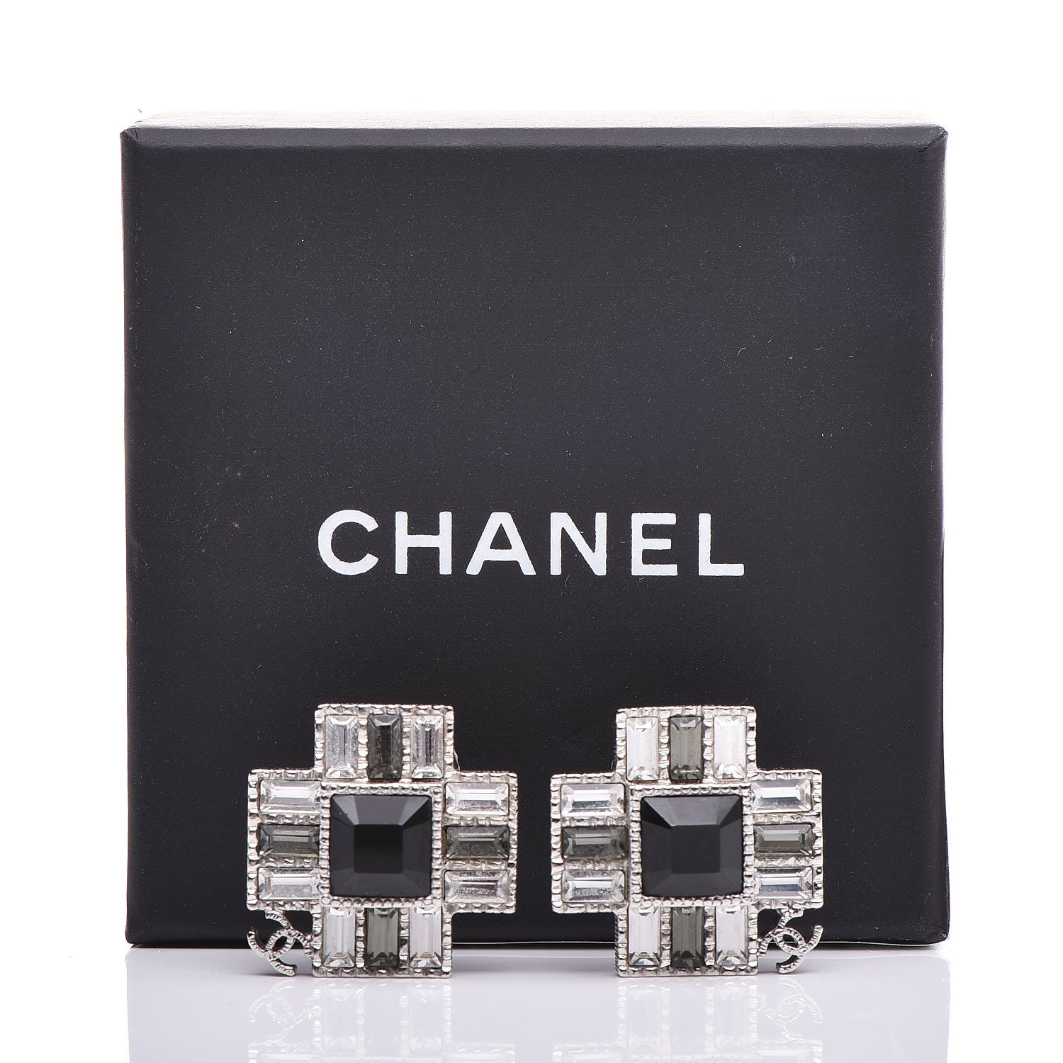 Chanel Baguette Crystal CC Earrings Silver Black 6 of 6