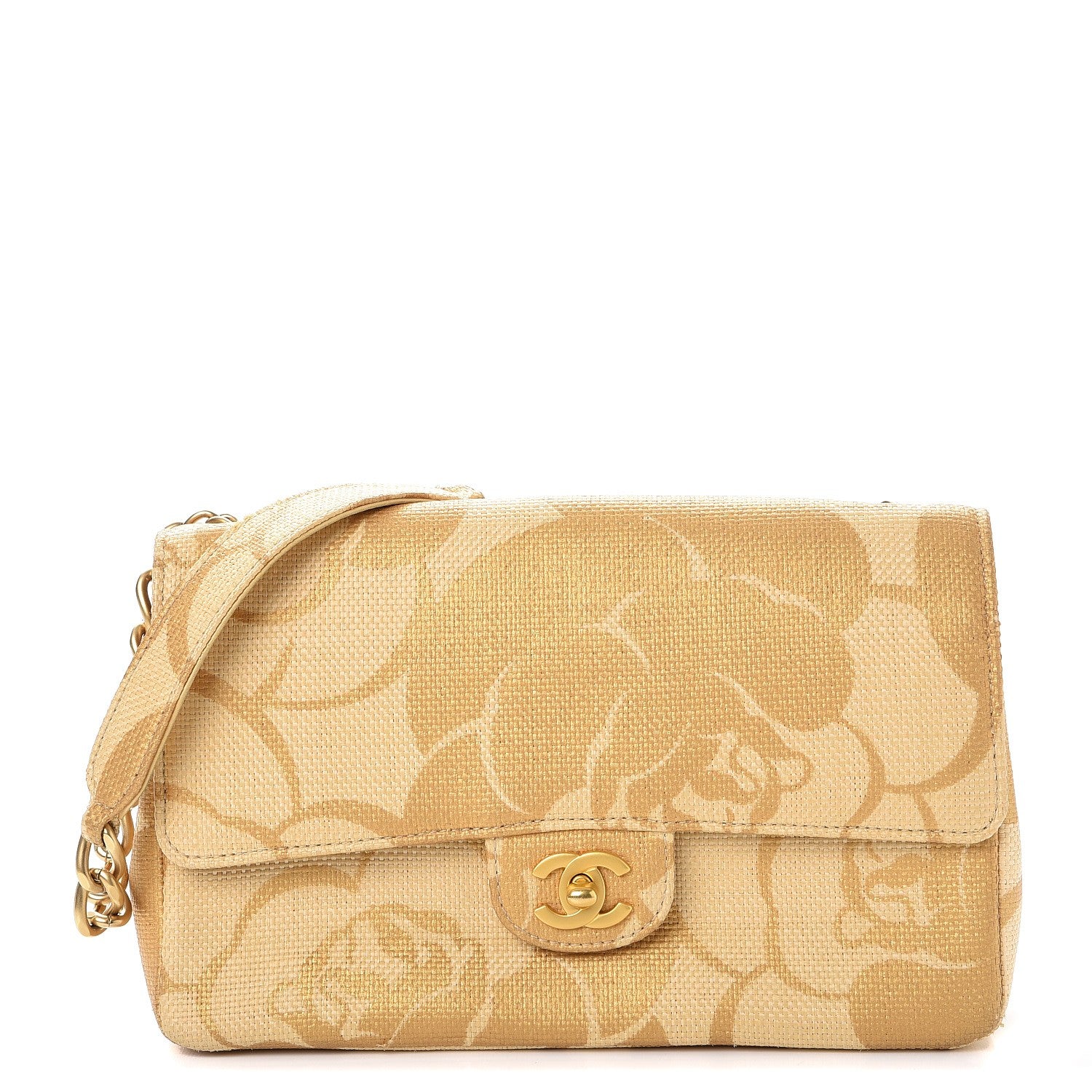 Chanel Woven Straw Camellia Print Medium Single Flap Gold 1 of 8