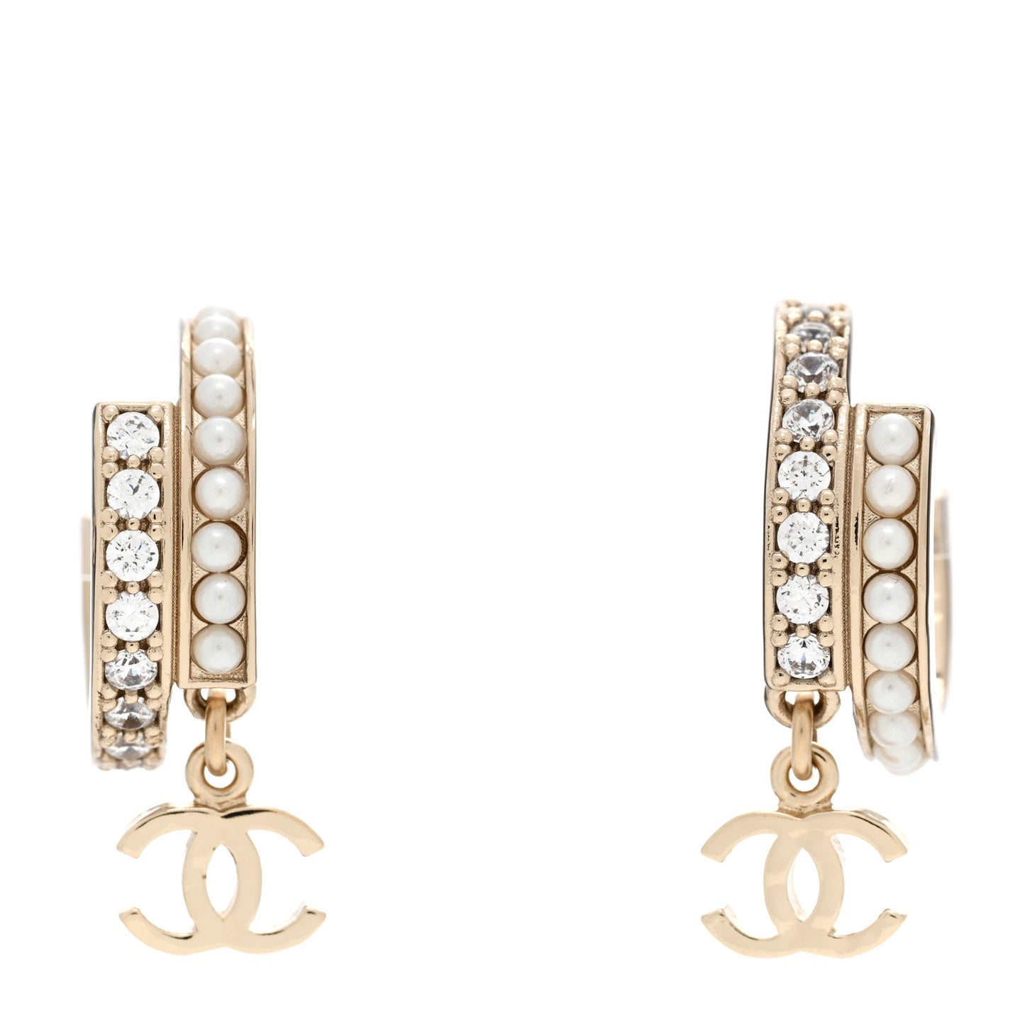Crystal Pearl Logo Hoop CC Earrings Gold