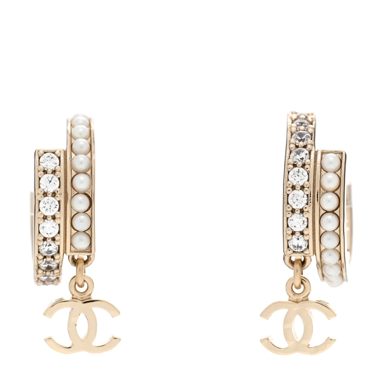 Chanel Crystal Pearl Logo Hoop CC Earrings Gold 1 of 5