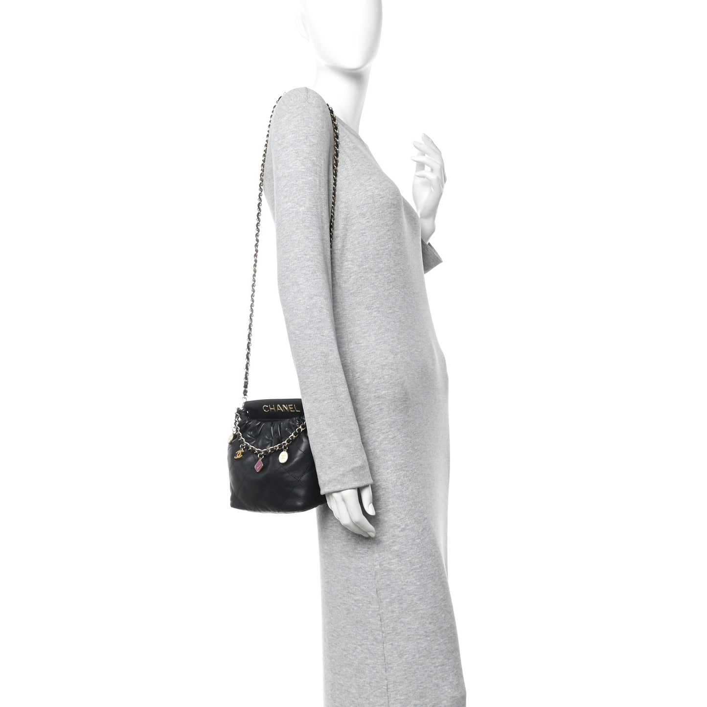 Lambskin Resin Quilted Small Bucket Bag Black
