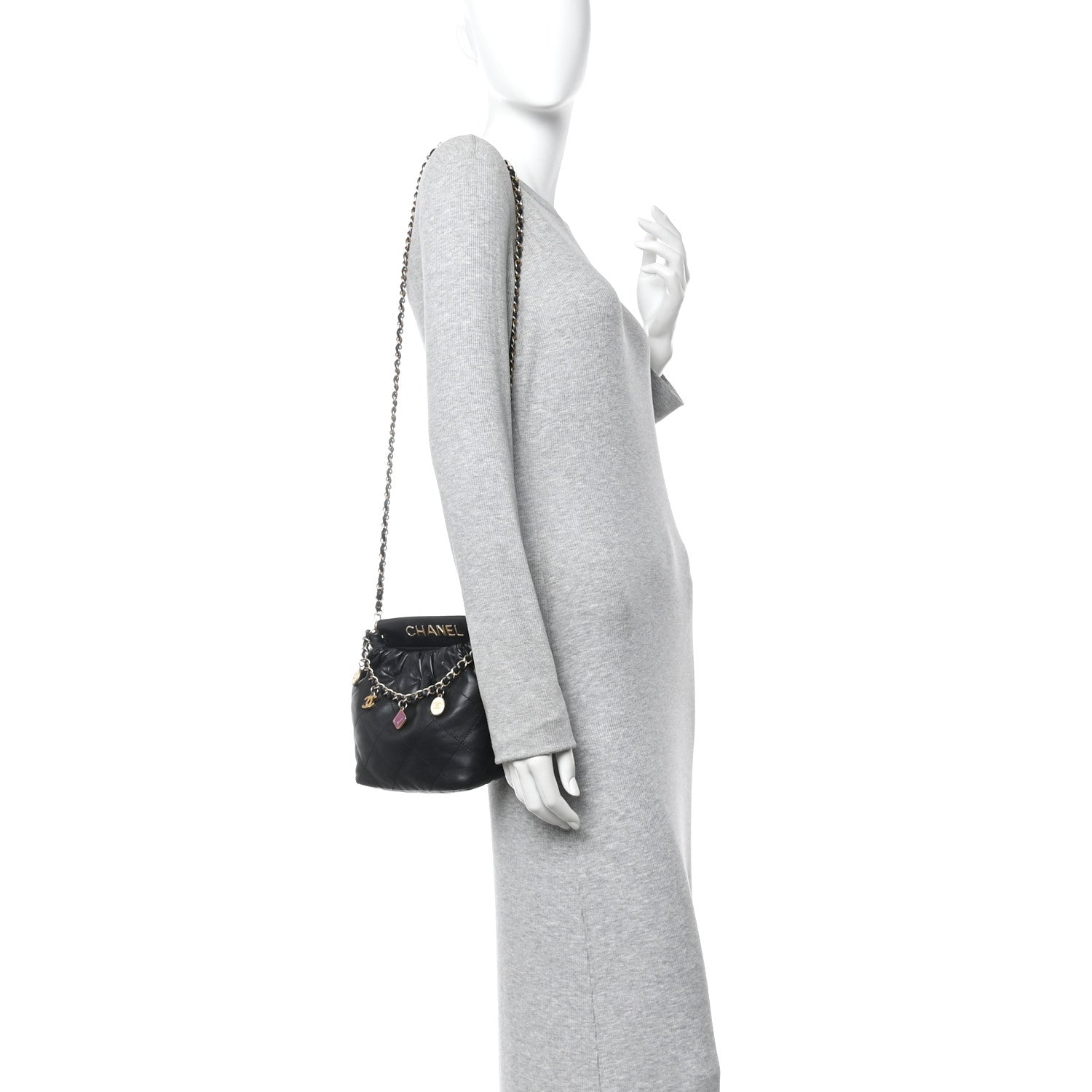 Chanel Lambskin Resin Quilted Small Bucket Bag Black 2 of 10