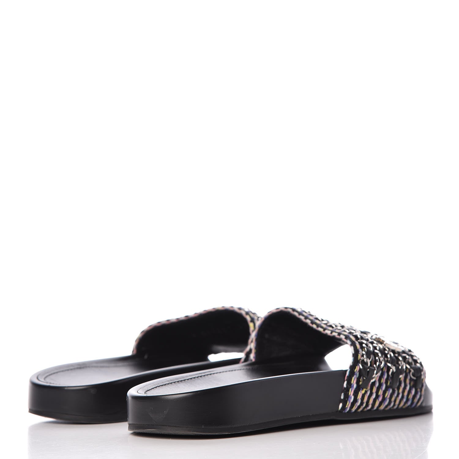 Chanel Tweed Lambskin Chain Flat Sandals 37 Black Multicolor 4 of 12