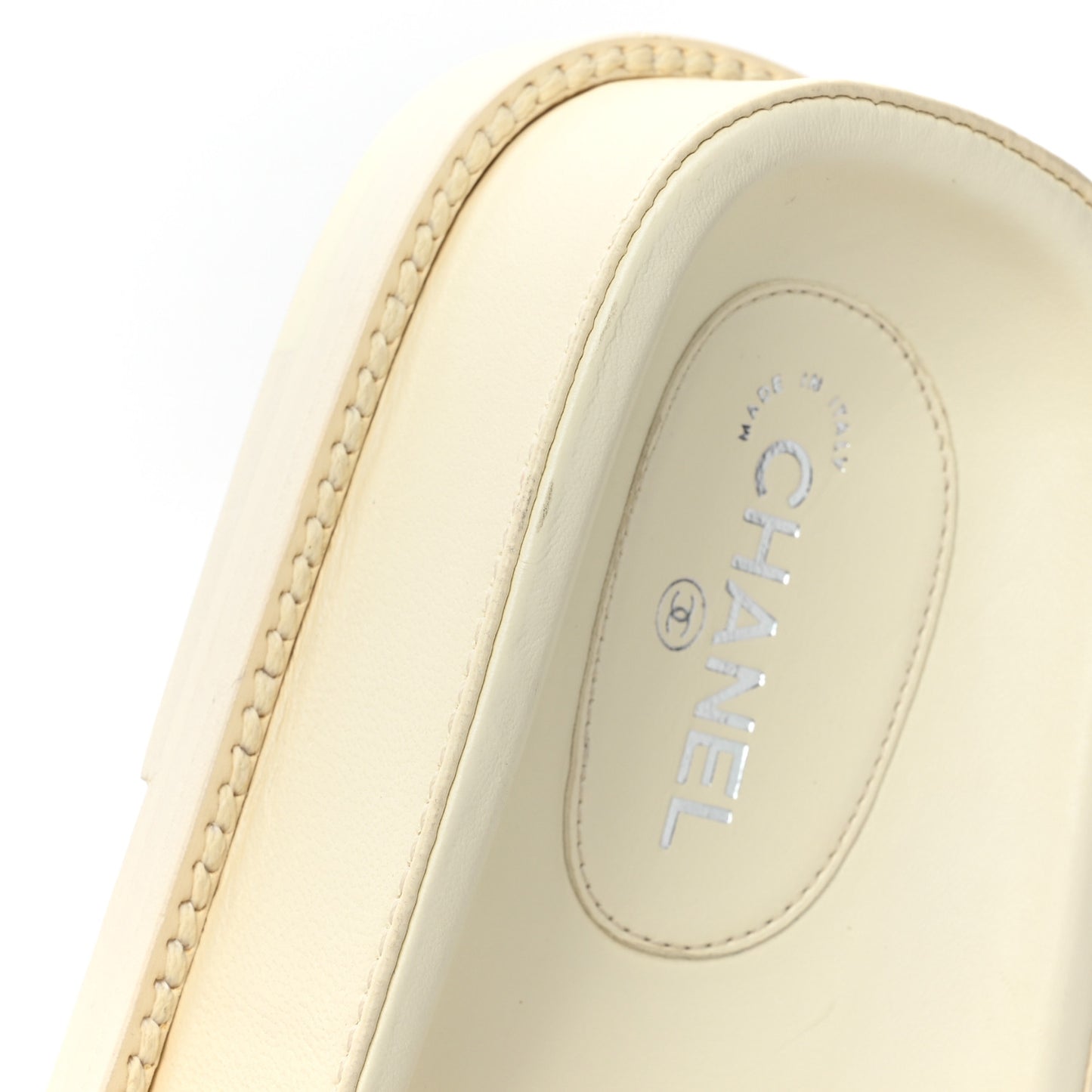 Lambskin Cha-Nel Mule Sandals 38.5 Ivory Multicolor