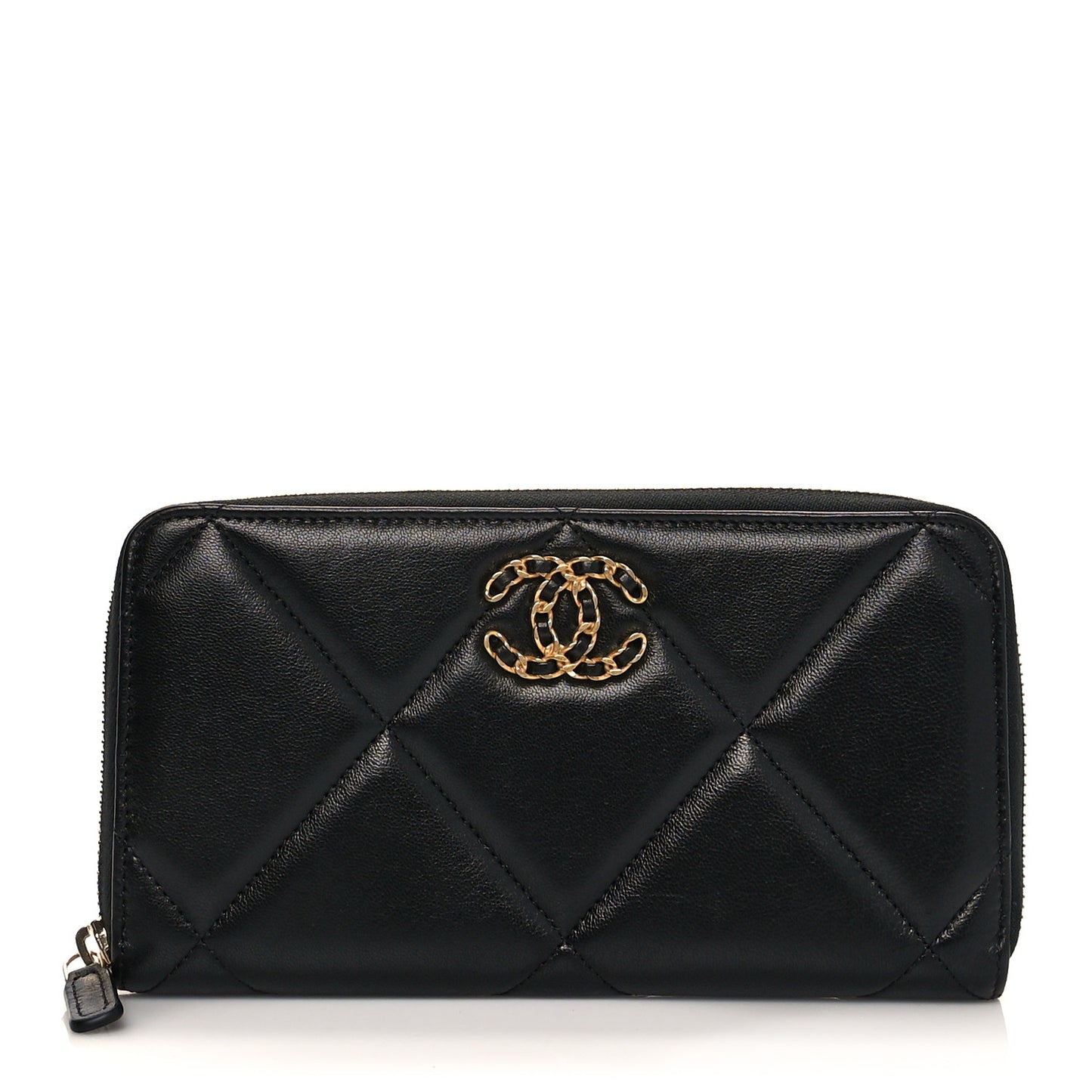 Lambskin Quilted Chanel 19 Long Zipped Around Wallet Black