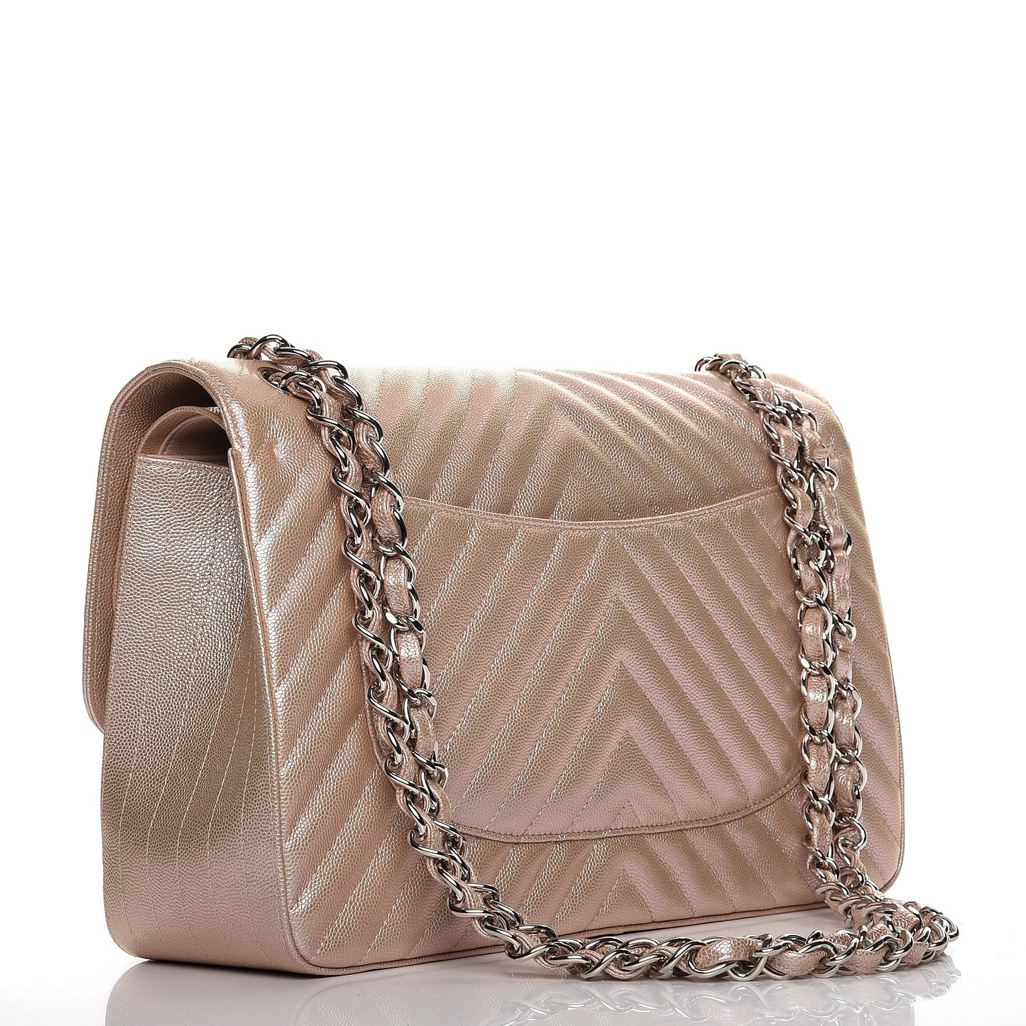Metallic Caviar Chevron Quilted Jumbo Double Flap Light Gold