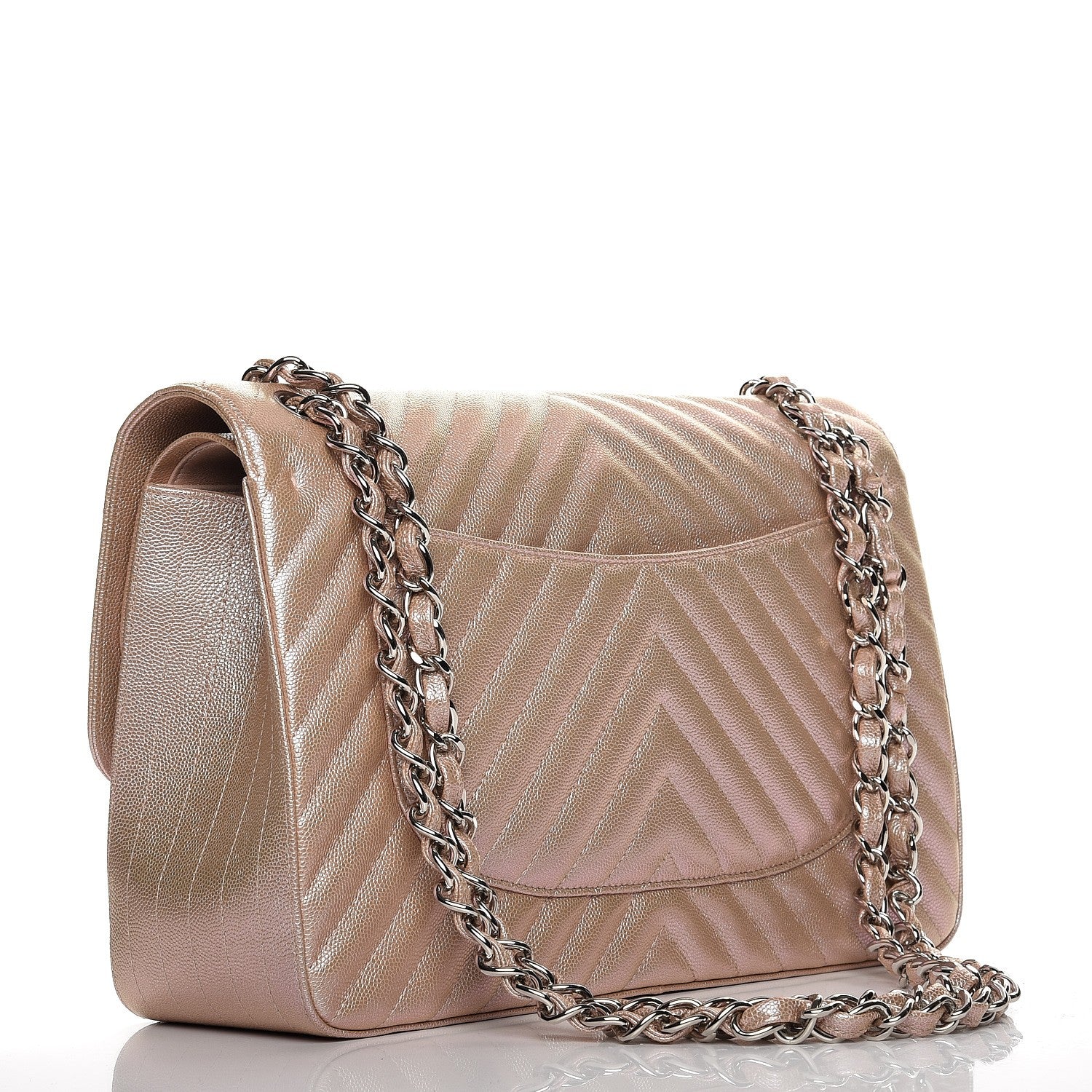 Chanel Metallic Caviar Chevron Quilted Jumbo Double Flap Light Gold 3 of 7