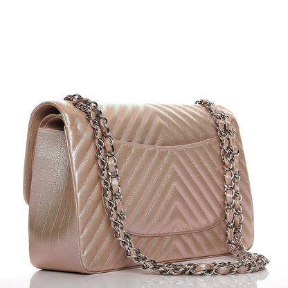 Chanel Metallic Caviar Chevron Quilted Jumbo Double Flap Light Gold 3 of 7