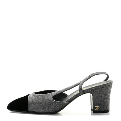 Chanel Wool Velvet Cap Toe CC Slingback Pumps 39 Black Grey 1 of 10