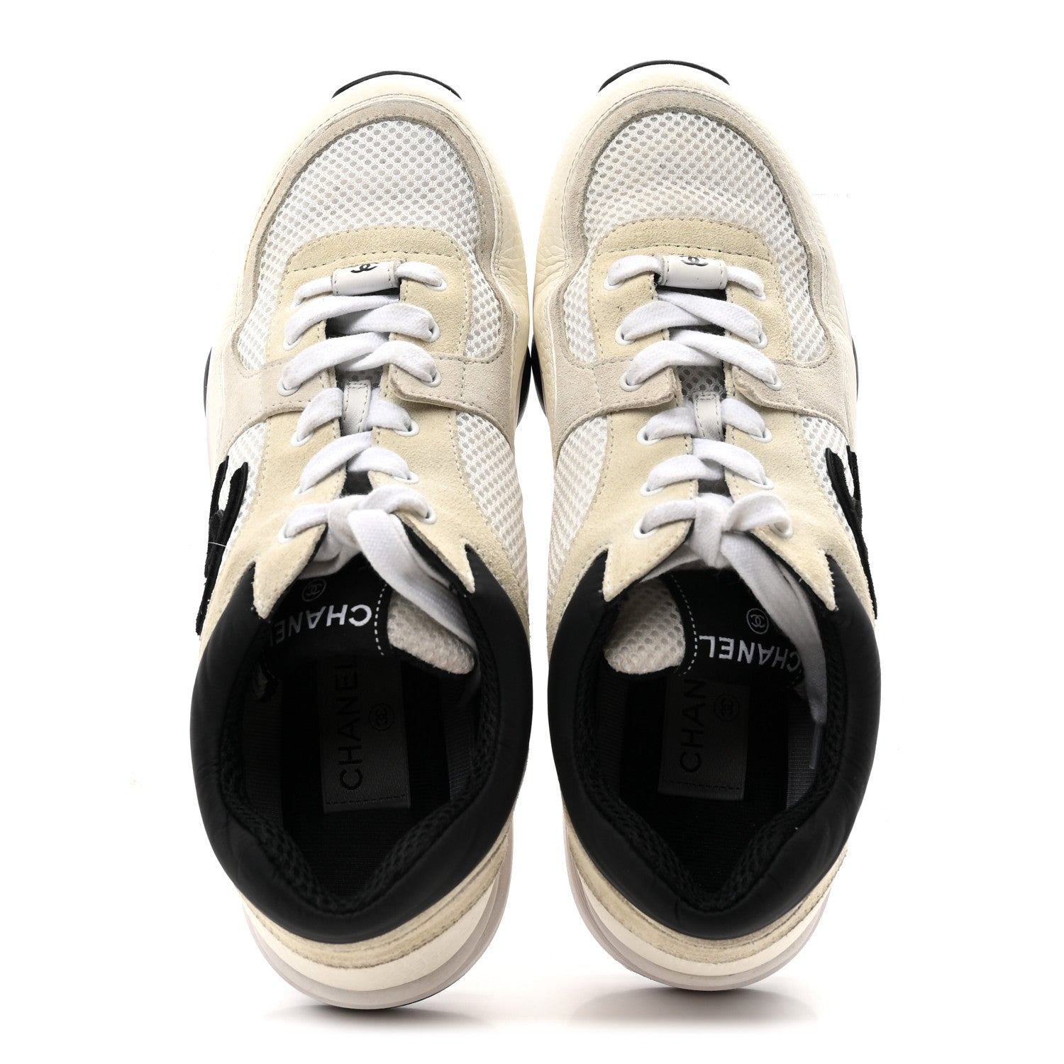 Chanel Mesh Suede Calfskin Grained Calfskin Womens CC Sneakers 39.5 White Black 2 of 9