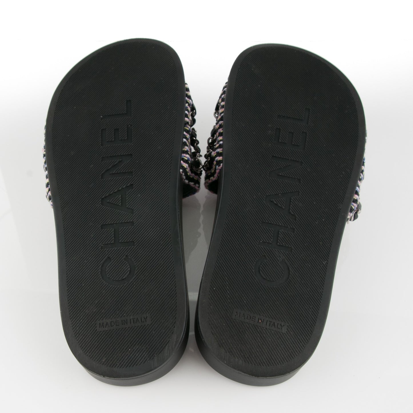 Tweed Lambskin Chain Flat Sandals 37 Black Multicolor
