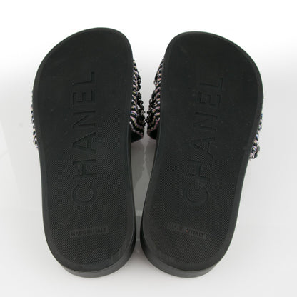 Chanel Tweed Lambskin Chain Flat Sandals 37 Black Multicolor 5 of 7