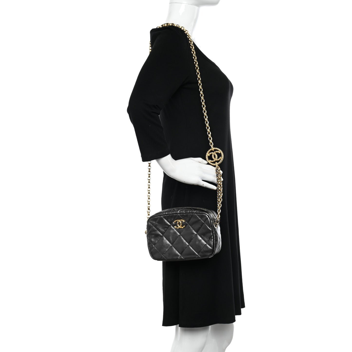 Metallic Calfskin Pearl Quilted CC Mini Camera Case Ruthenium