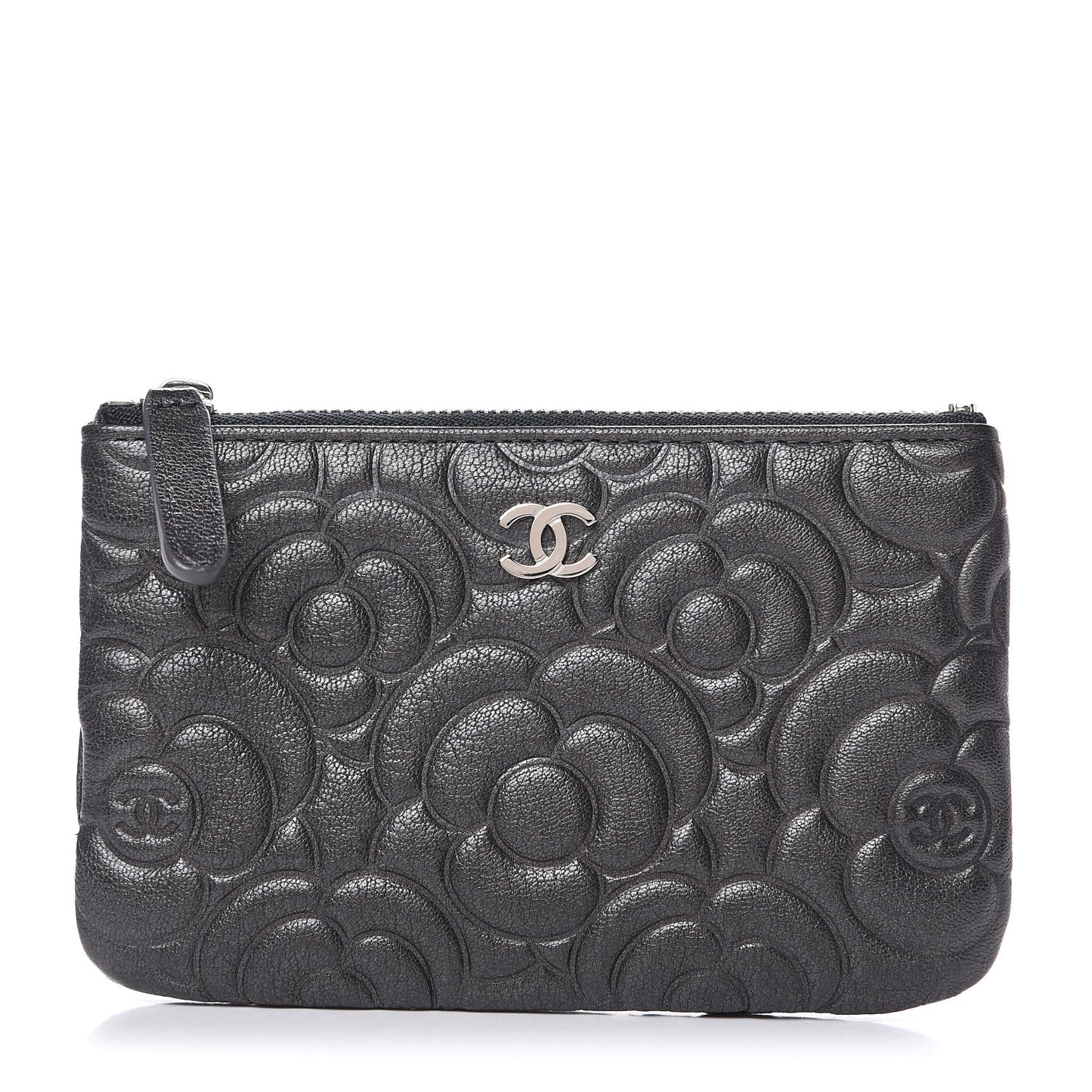 Goatskin Camellia Embossed Cosmetic Pouch Anthracite