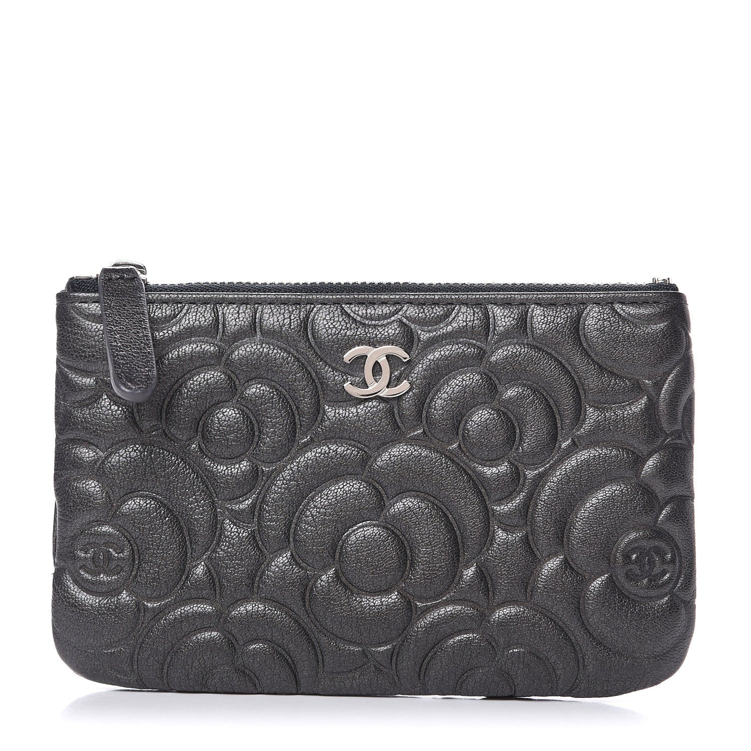 Chanel Goatskin Camellia Embossed Cosmetic Pouch Anthracite 1 of 8