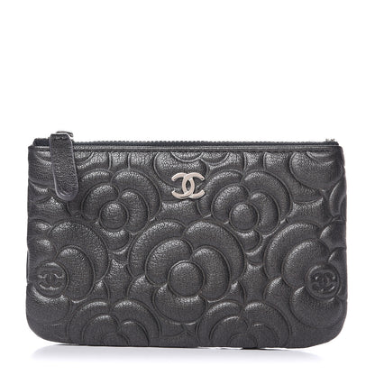 Chanel Goatskin Camellia Embossed Cosmetic Pouch Anthracite 1 of 8