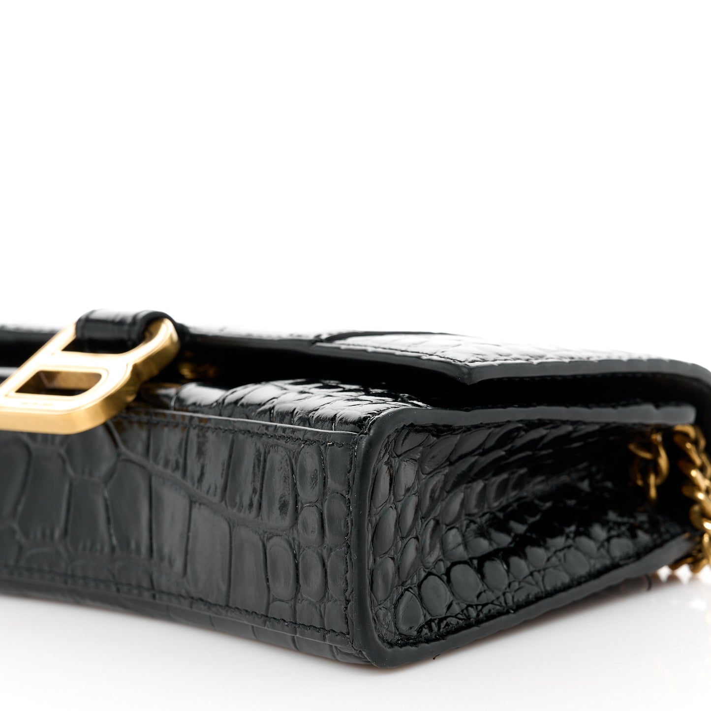 Shiny Calfskin Crocodile Embossed Hourglass Chain Bag Black