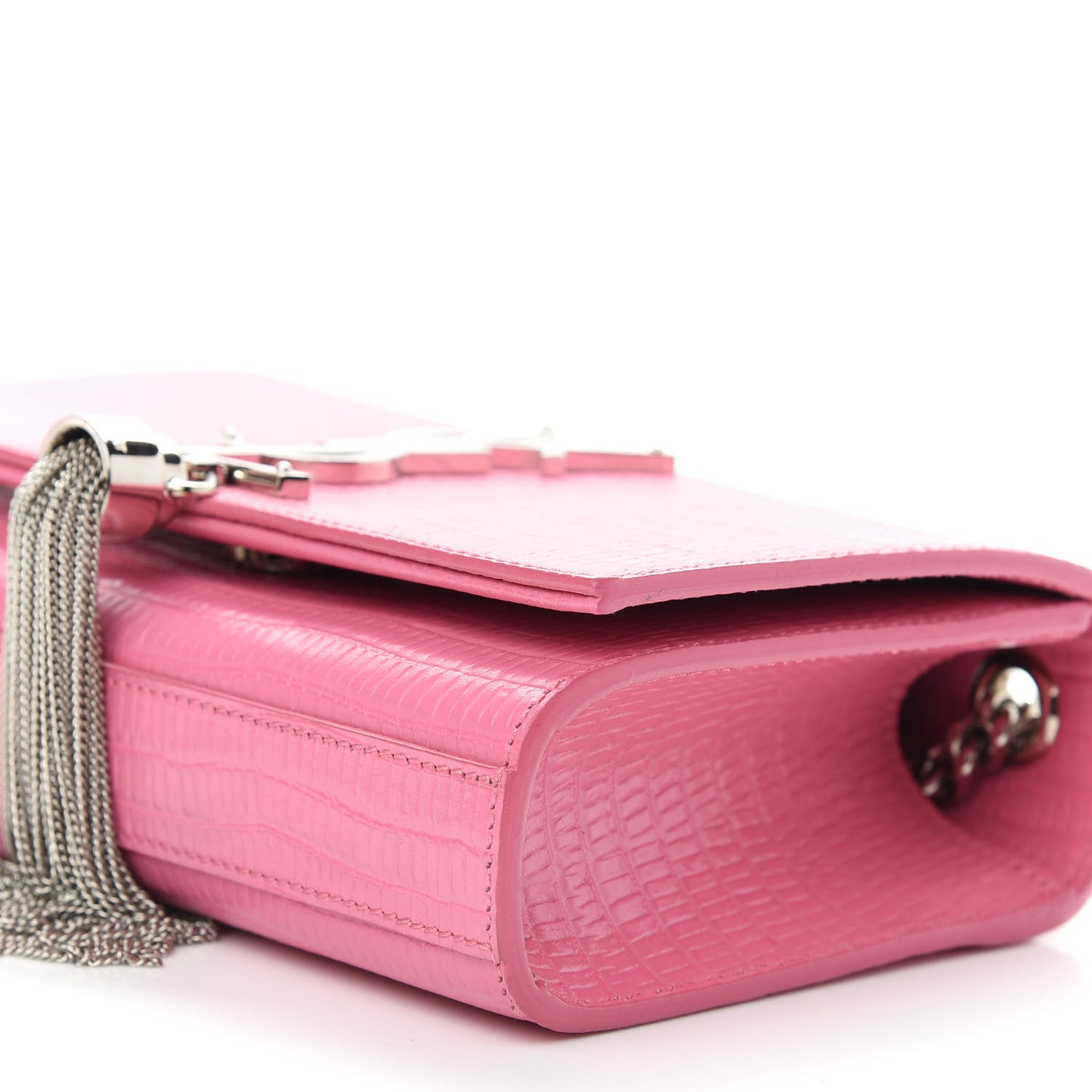 Calfskin Crocodile Embossed Small Classic Monogram Kate Tassel Satchel Bubblegum