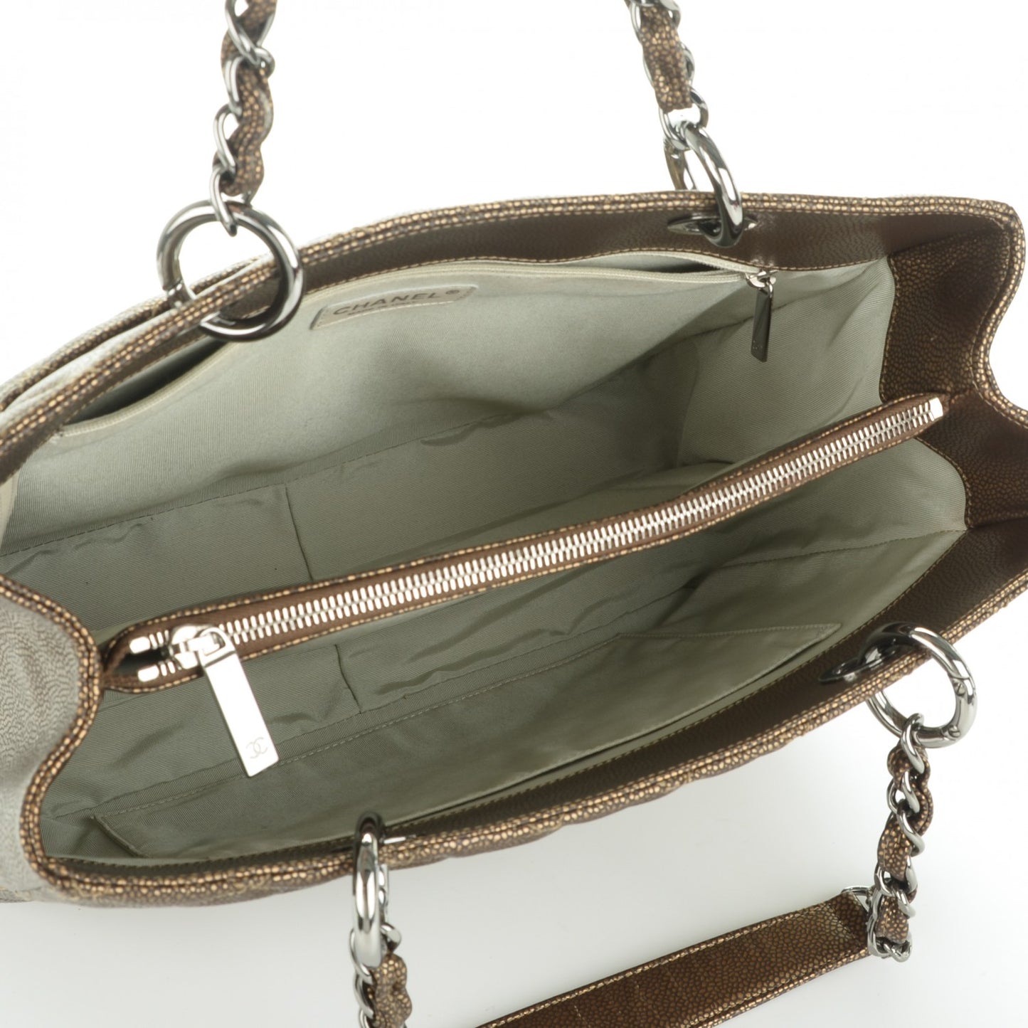Metallic Caviar Quilted Grand Shopping Tote GST Khaki