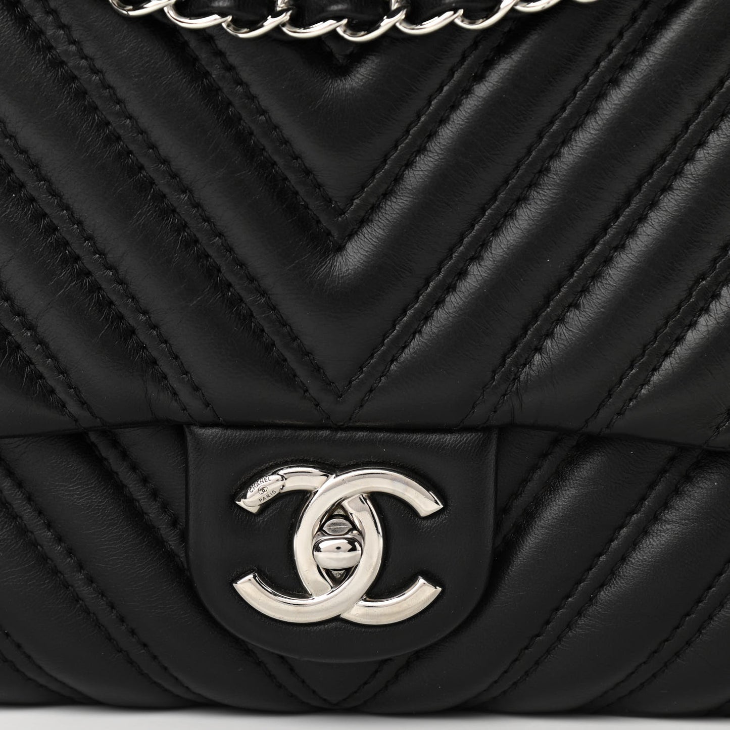 Lambskin Chevron Quilted Double Stitch Jumbo Single Flap Black
