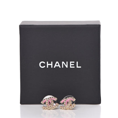 Chanel Metal Pearl Enamel CC Earrings Gold Pink 5 of 5