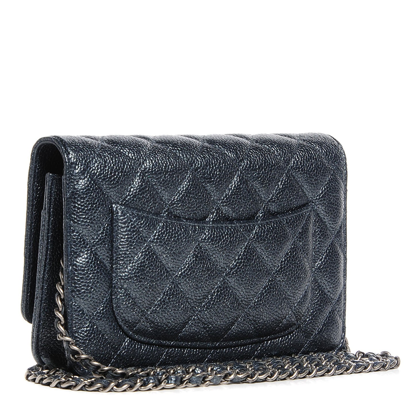 Metallic Caviar Quilted Wallet On Chain WOC Charcoal