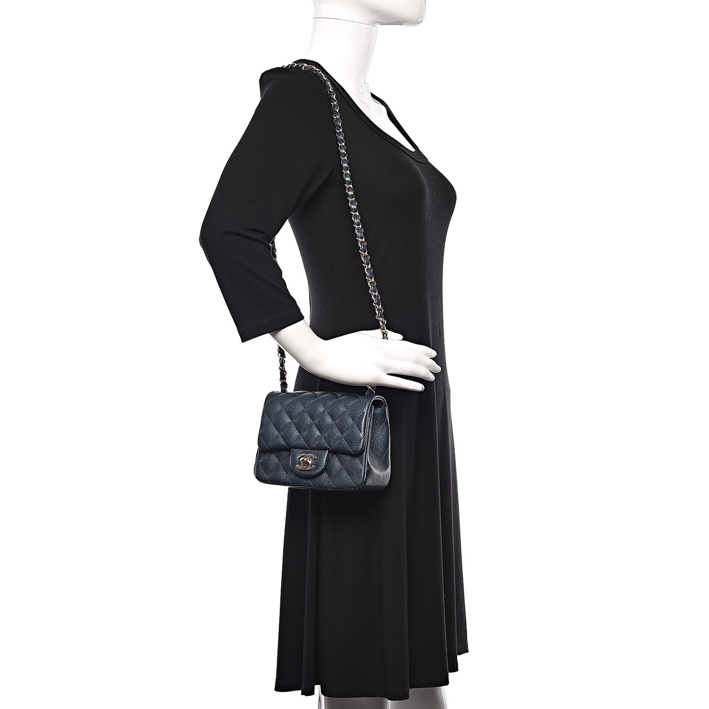 Iridescent Caviar Quilted Mini Square Flap Dark Blue