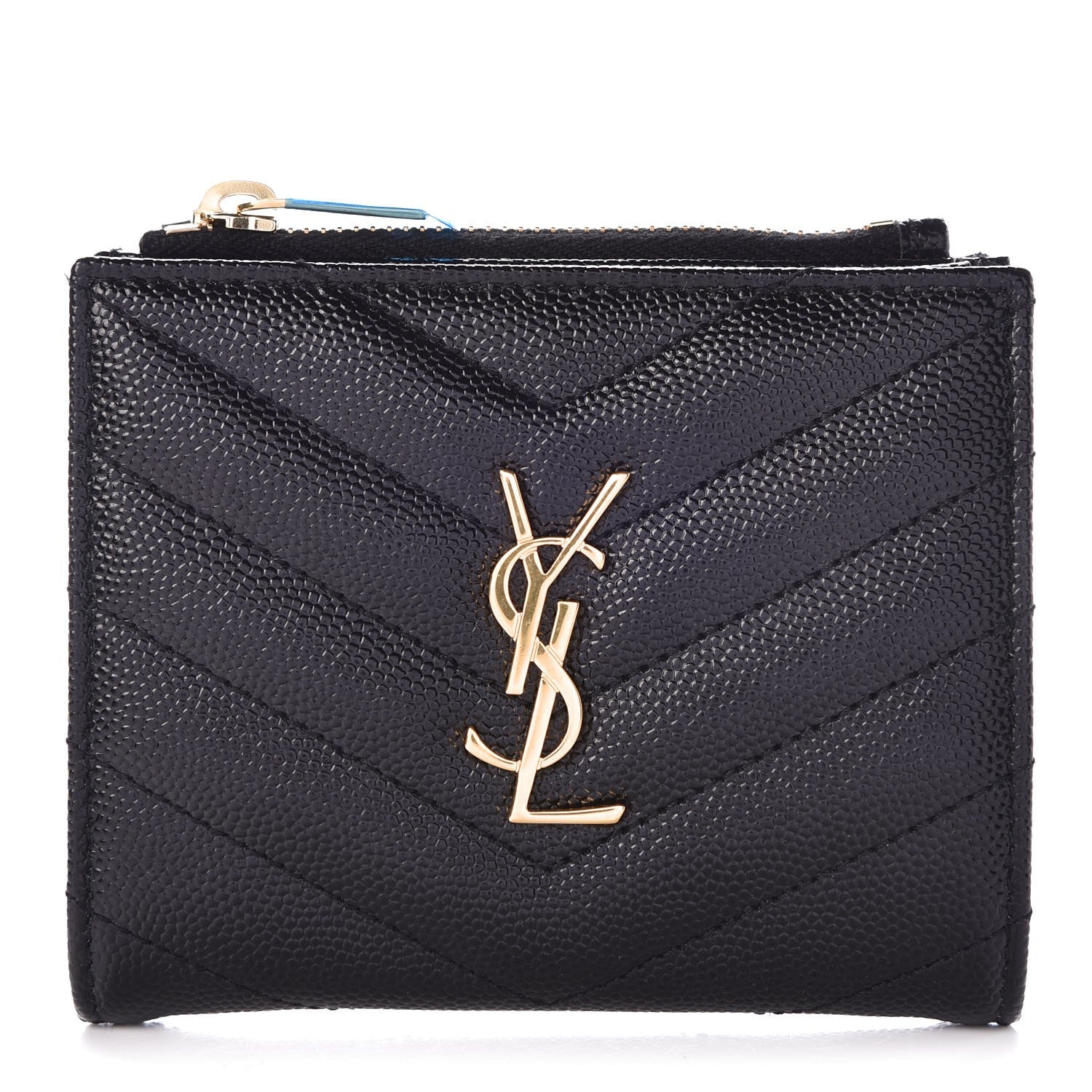 Saint Laurent Grain De Poudre Matelasse Chevron Monogram Zipped Card Case Black 1 of 7