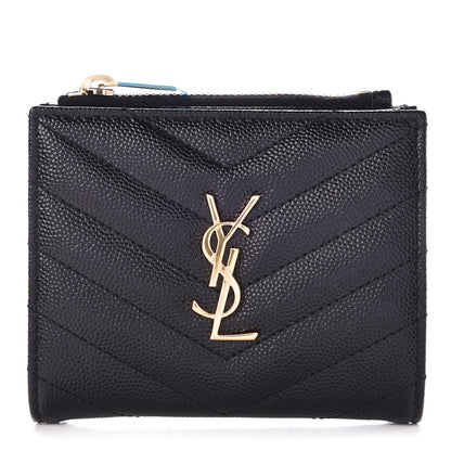 Saint Laurent Grain De Poudre Matelasse Chevron Monogram Zipped Card Case Black 1 of 7