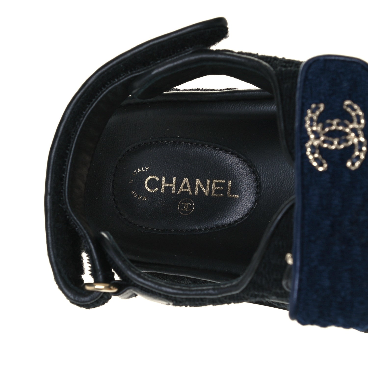 Chanel Knit Fabric Velcro Dad Sandals 39 Black Dark Blue Light Blue 10 of 12