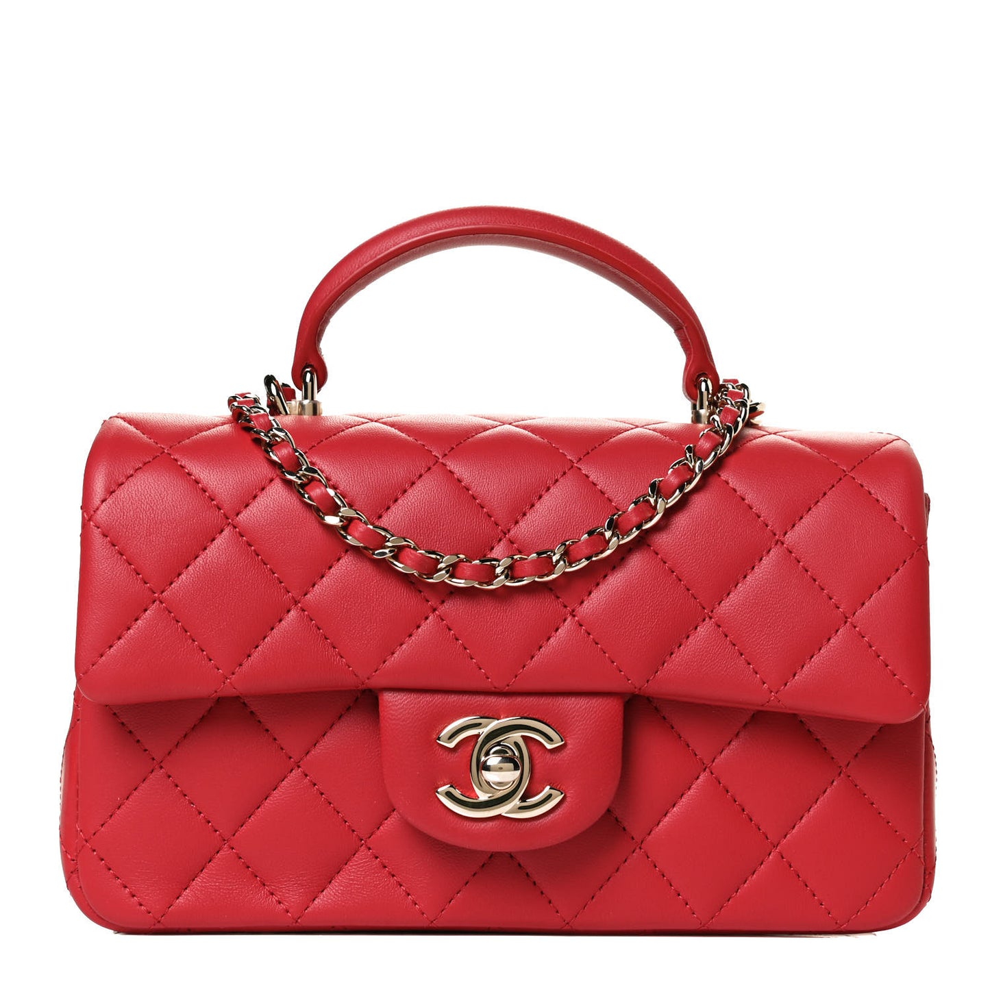 Lambskin Quilted Mini Top Handle Rectangular Flap Red