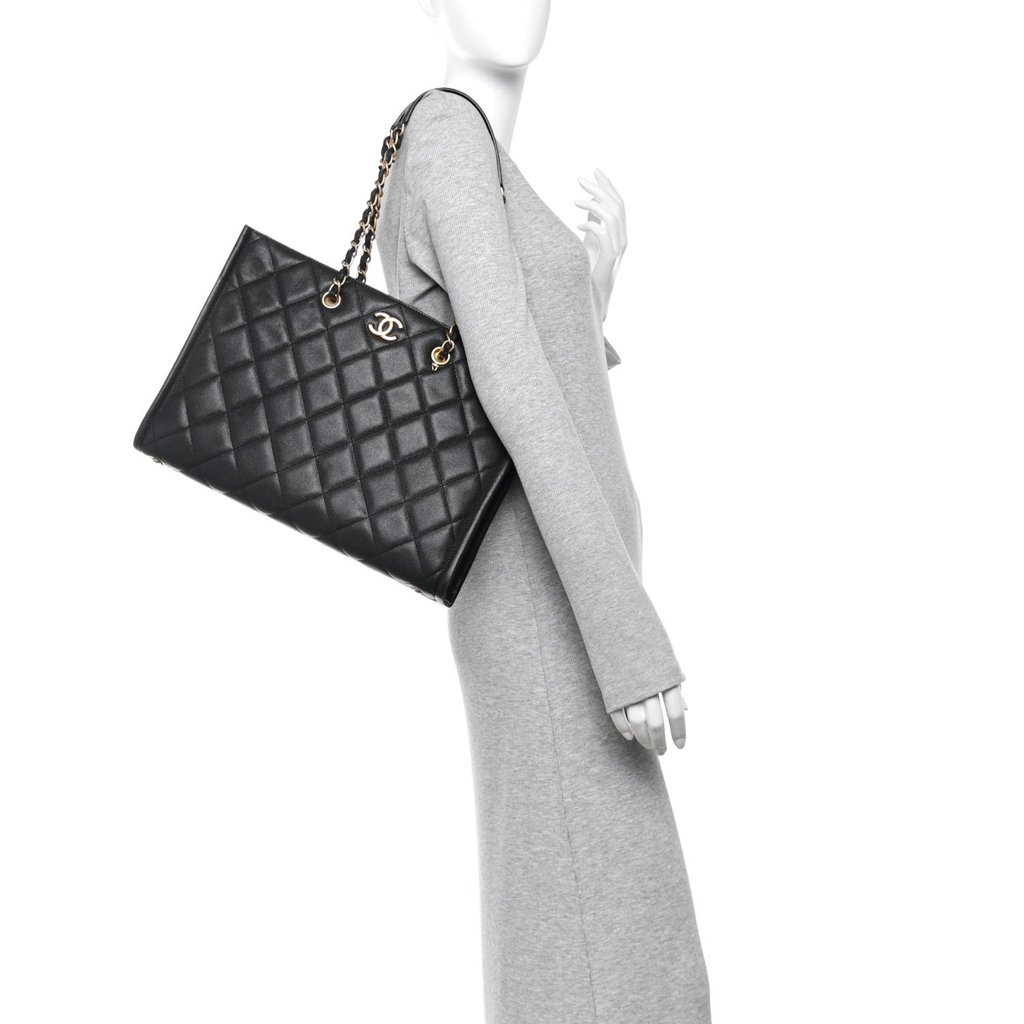 Caviar Quilted Chain Large Shopping Tote With Coin Purse Black
