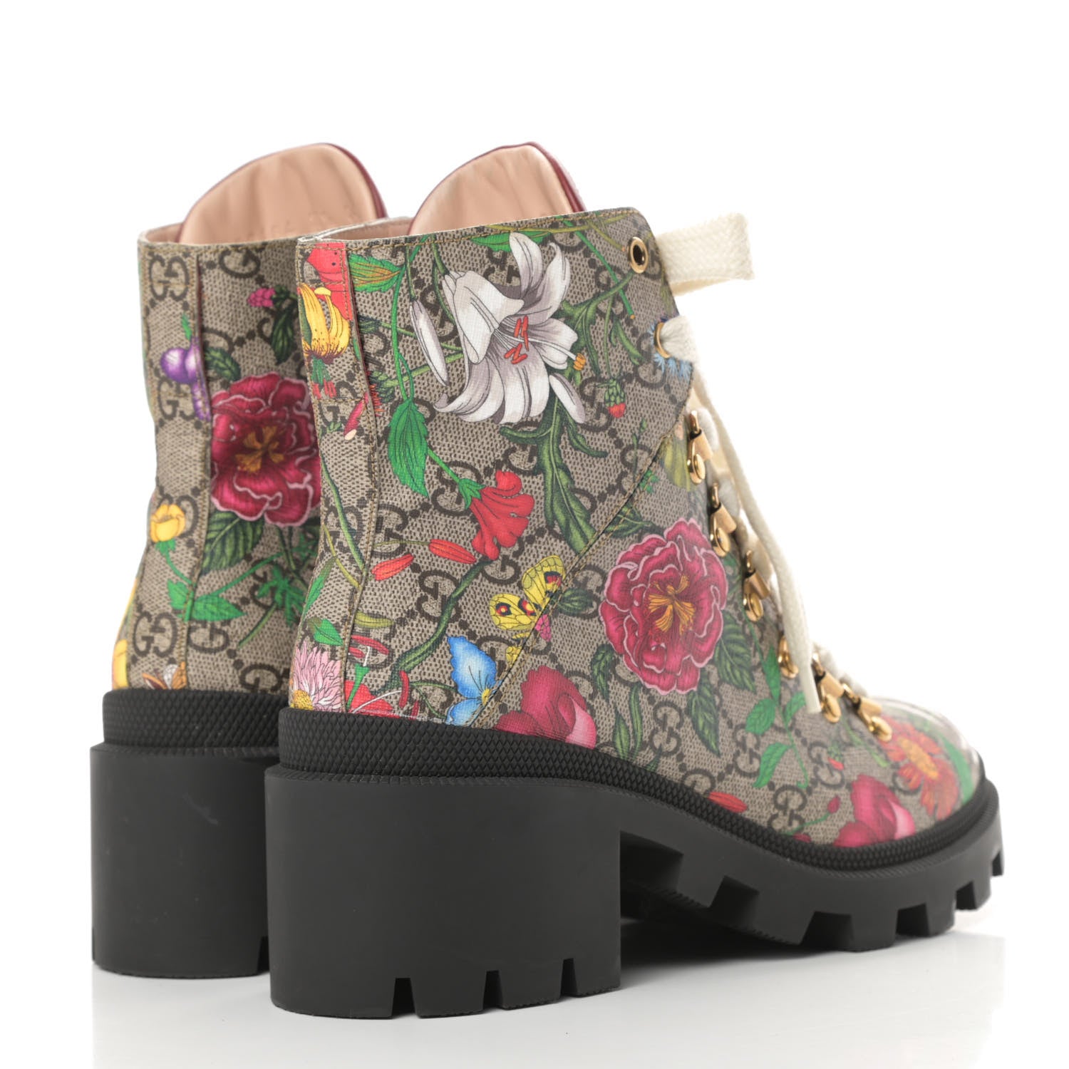 Gucci GG Supreme Monogram Flora Lace Up Combat Ankle Boots 38.5 Beige Multicolor Red 4 of 13