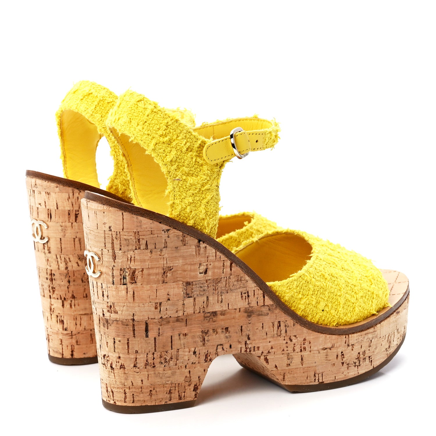 Chanel Tweed Cork CC Wedge Sandals 39 Yellow 5 of 8