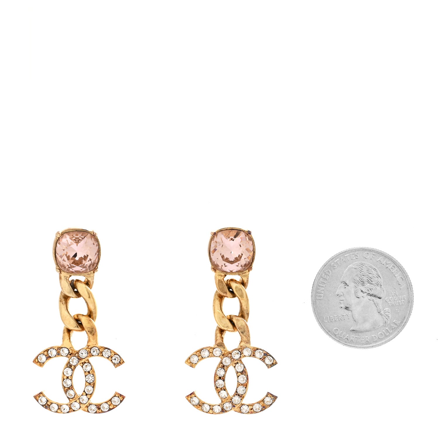 Chanel Glass Crystal CC Chain Drop Earrings Pink Gold 2 of 5