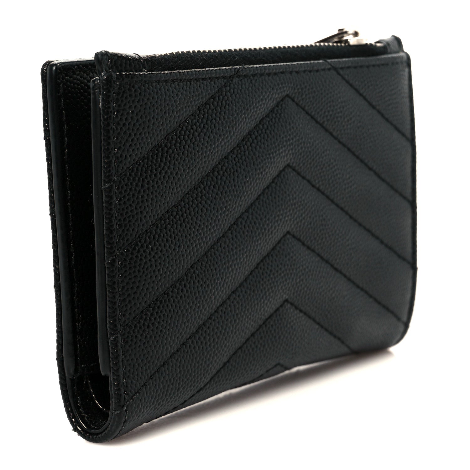 Saint Laurent Grain De Poudre Matelasse Chevron Monogram Zipped Two-Part Wallet Black 3 of 11