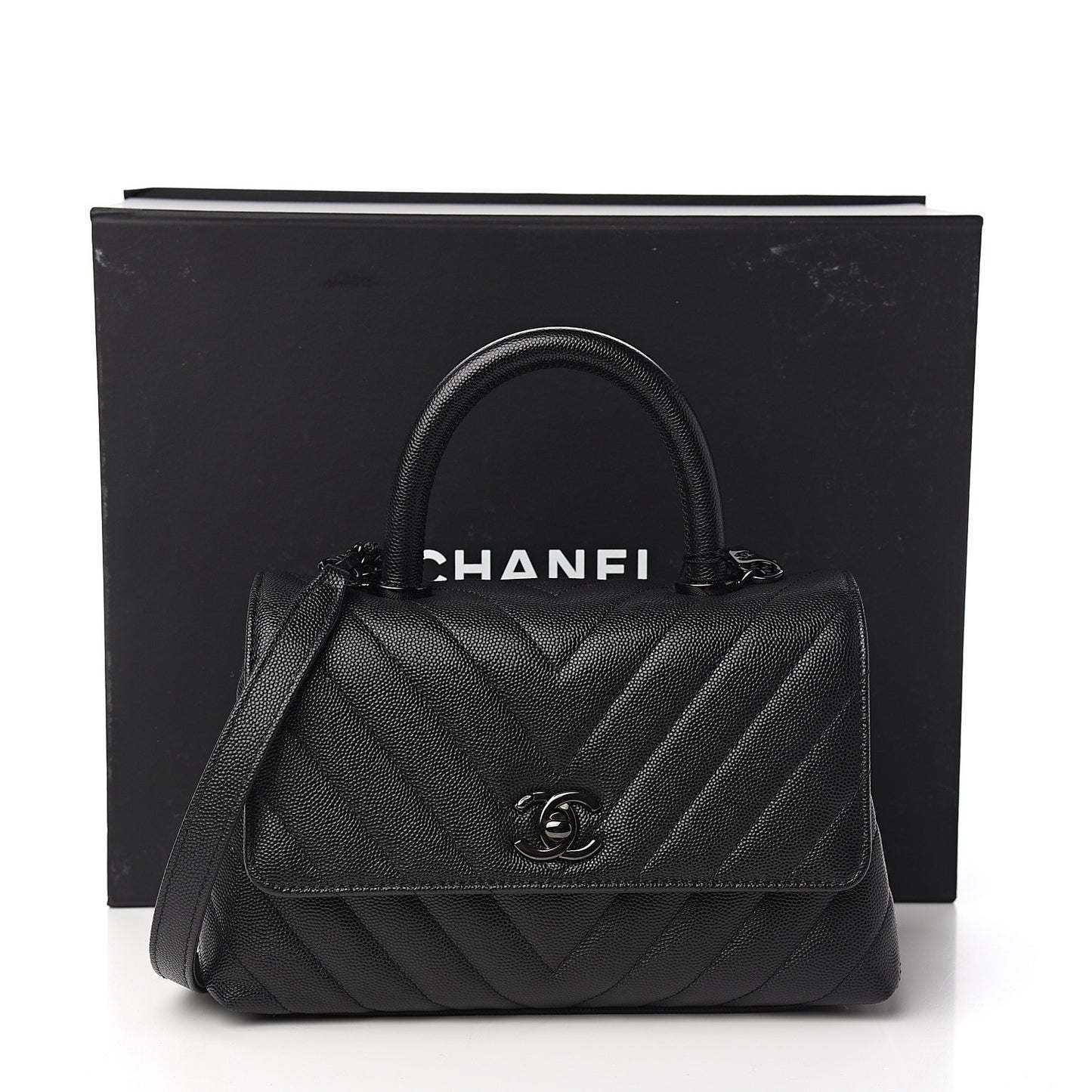 Caviar Chevron Quilted Mini Coco Handle Flap So Black