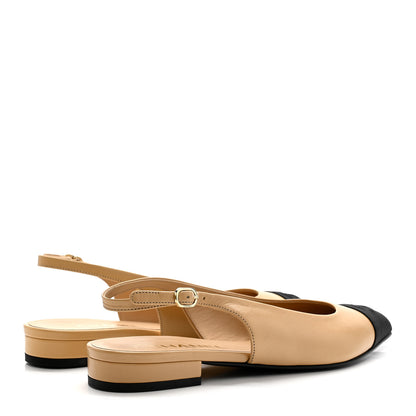 Chanel Goatskin Grosgrain Pointed Toe CC Slingback Flats 37 Beige Black 5 of 9
