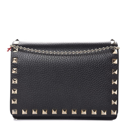 Valentino Garavani Pebbled Calfskin Rockstud Wallet on Chain Black 1 of 7