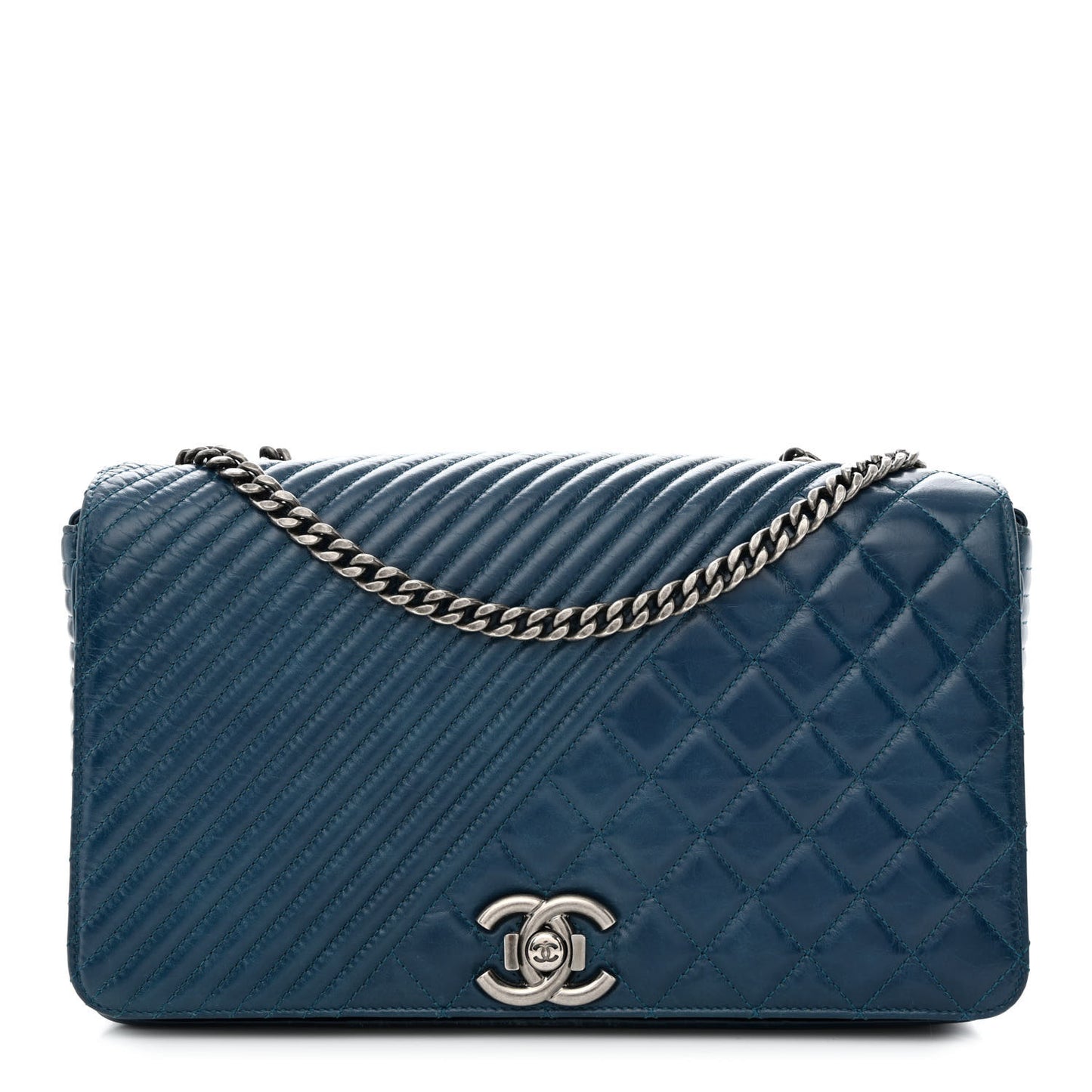 Glazed Calfskin Quilted Large Coco Boy Flap Blue
