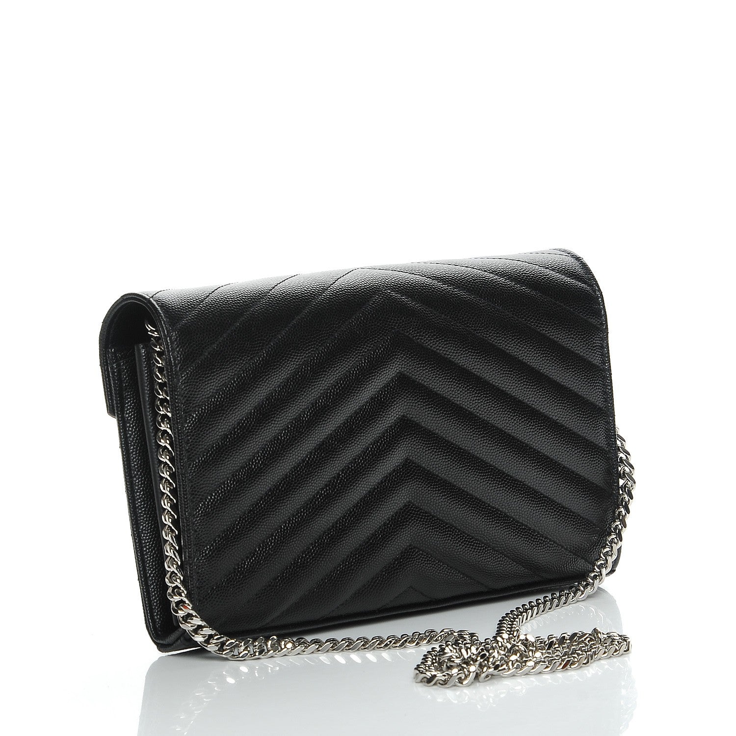 Saint Laurent Grain De Poudre Matelasse Chevron Monogram Chain Wallet Black 3 of 7