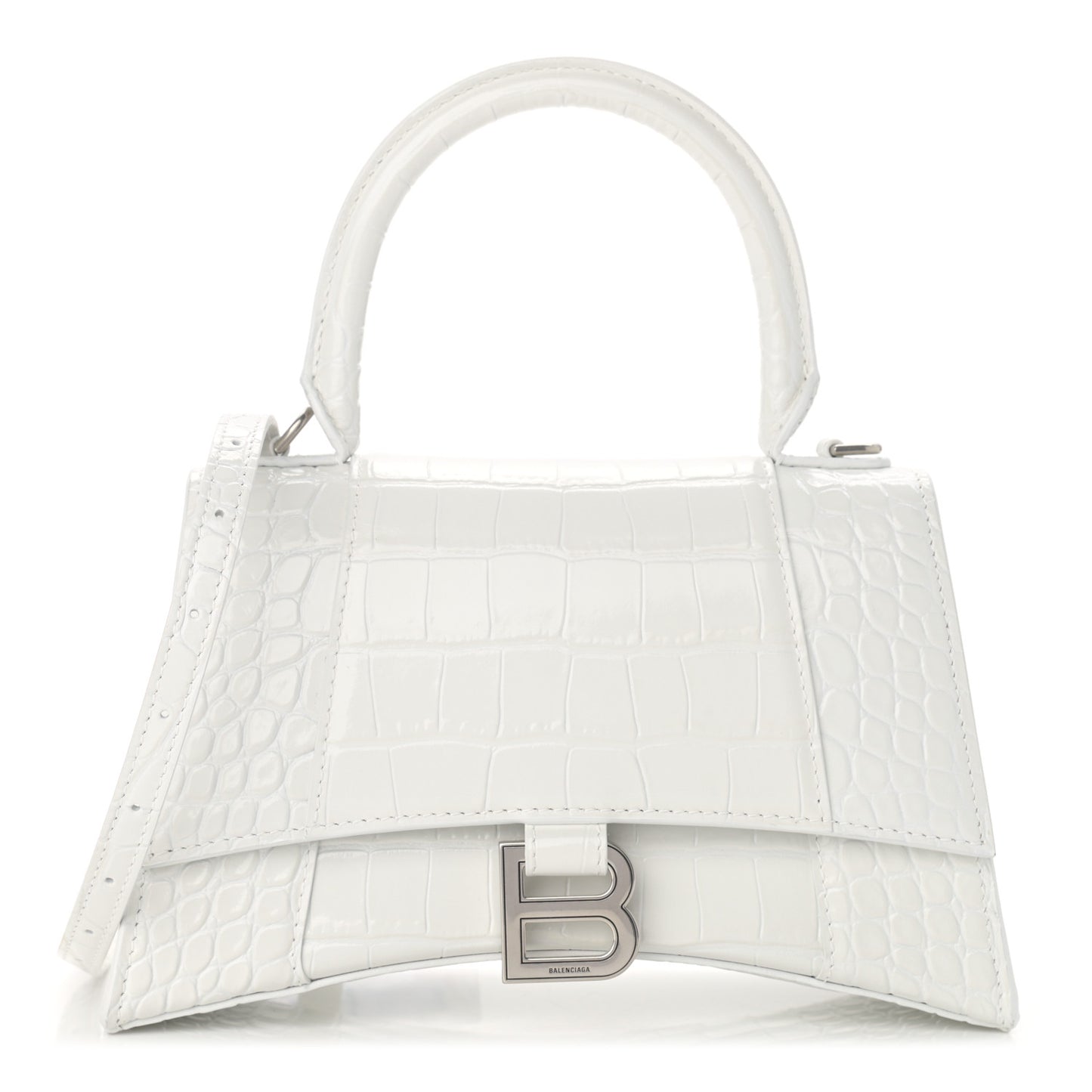 Calfskin Crocodile Embossed Small Hourglass Top Handle Bag White