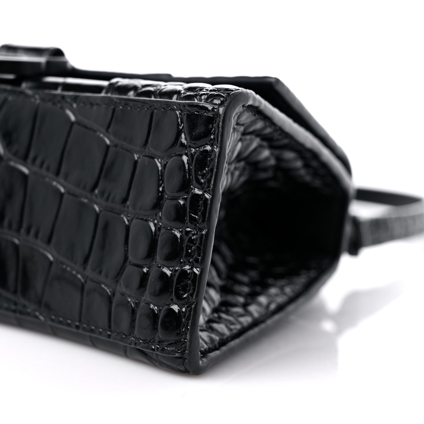 Shiny Calfskin Monochrome Crocodile Embossed Hourglass Top Handle Bag XS Black