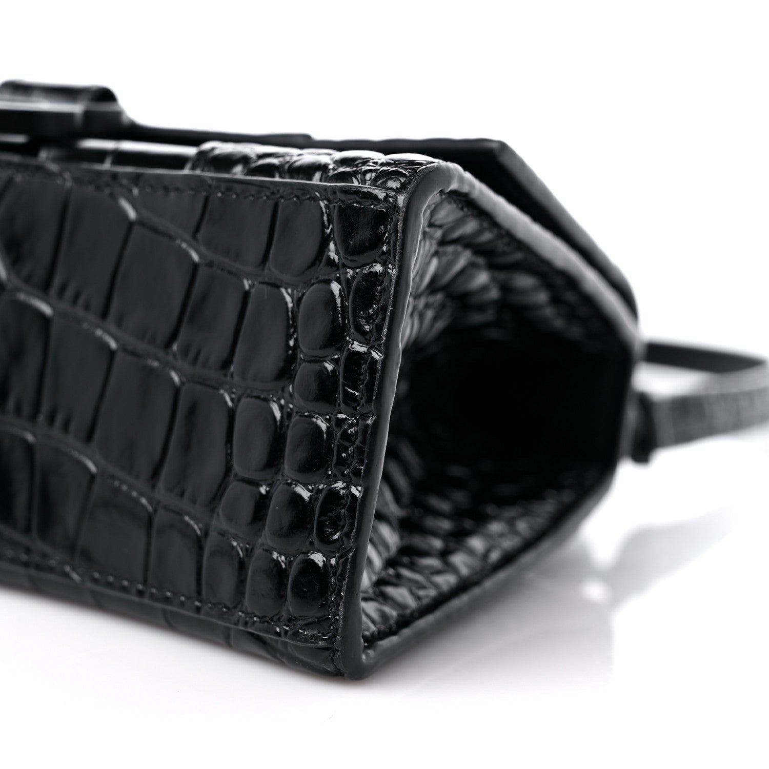 Balenciaga Shiny Calfskin Monochrome Crocodile Embossed Hourglass Top Handle Bag XS Black 8 of 10
