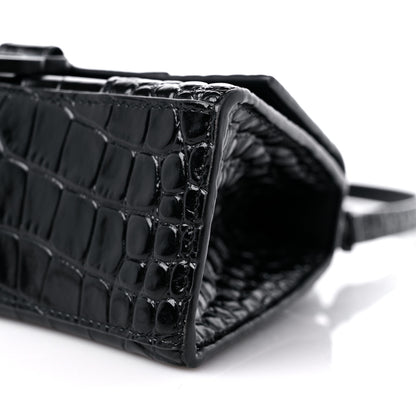 Balenciaga Shiny Calfskin Monochrome Crocodile Embossed Hourglass Top Handle Bag XS Black 8 of 10