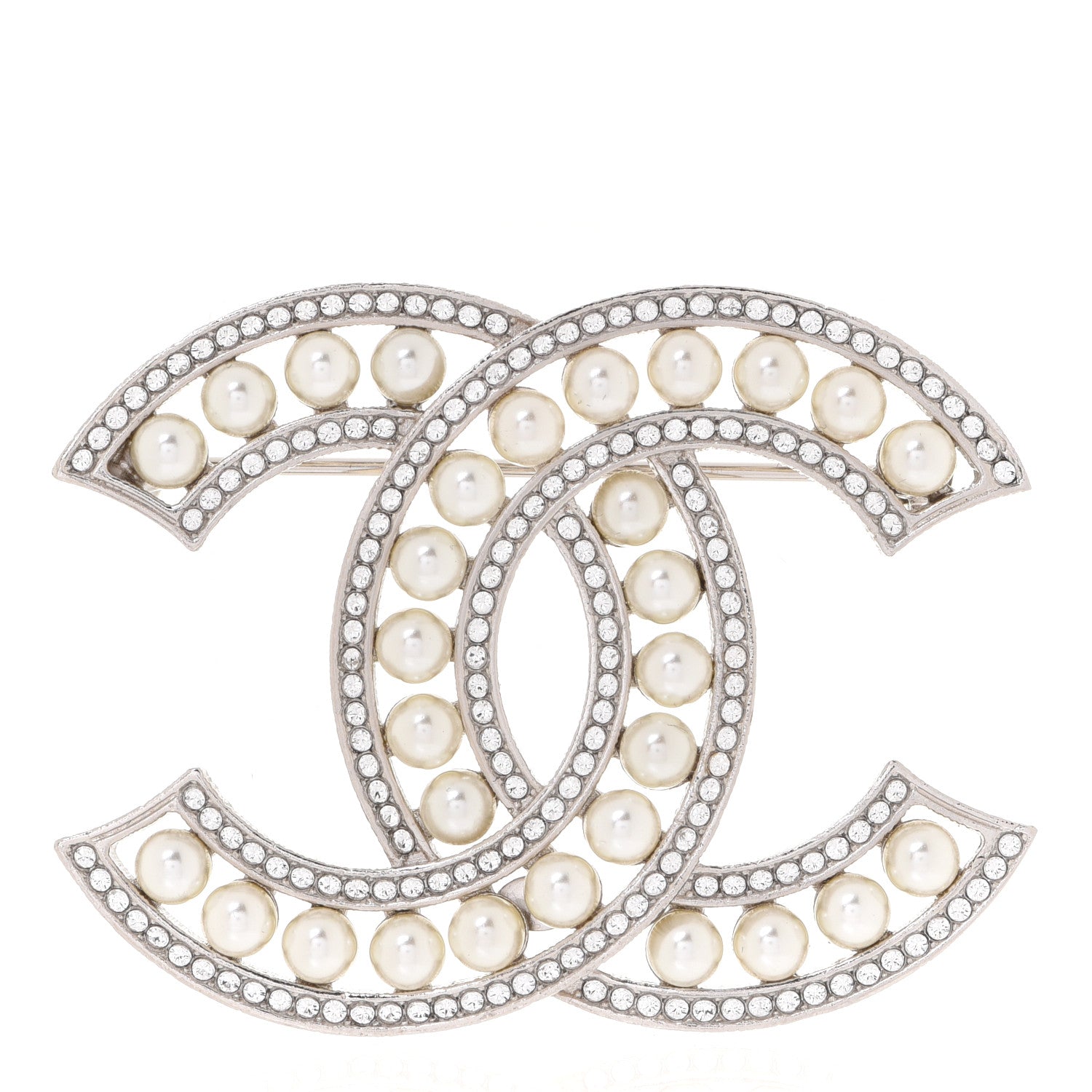Chanel Pearl Crystal CC Brooch Silver 1 of 5