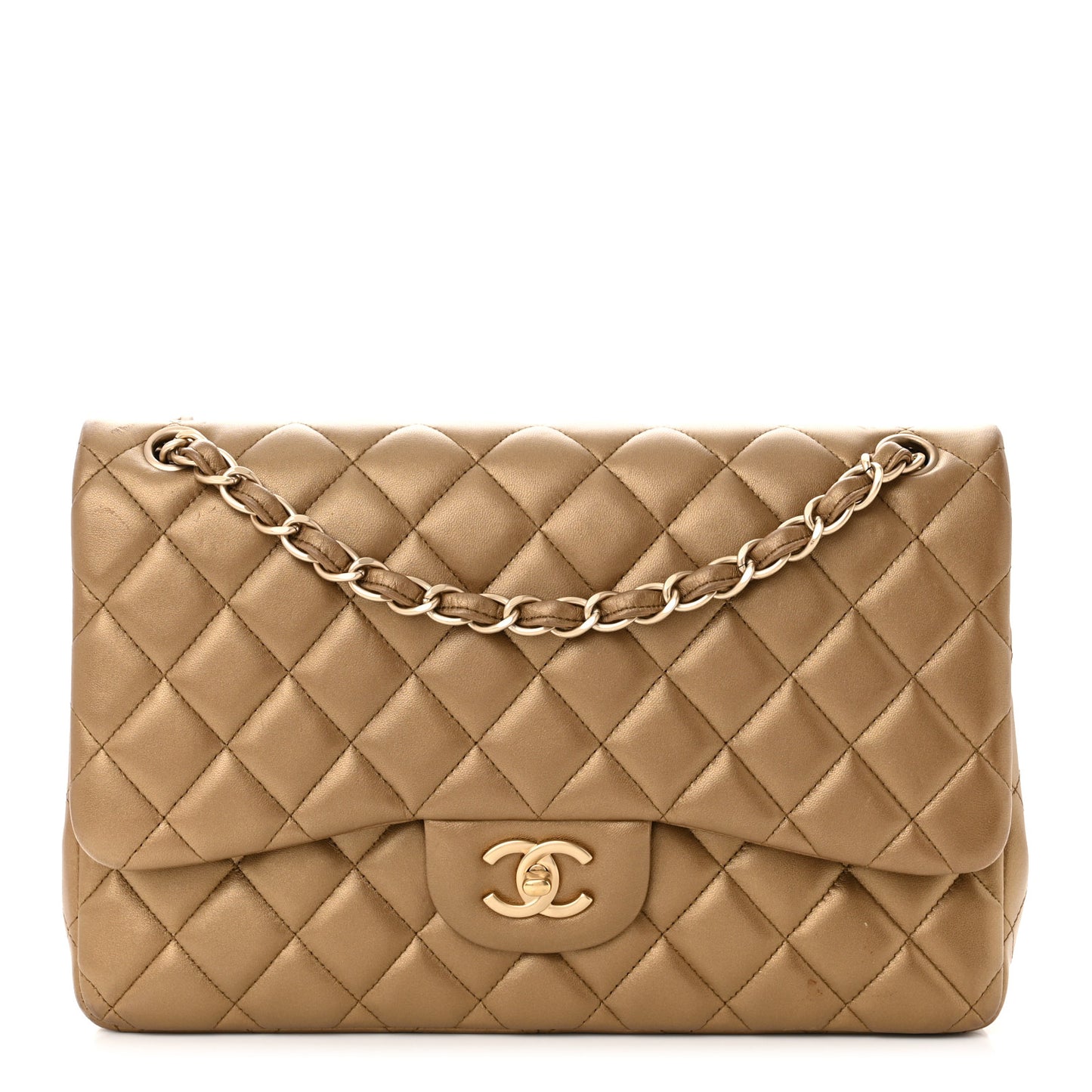 Metallic Lambskin Quilted Jumbo Double Flap Gold