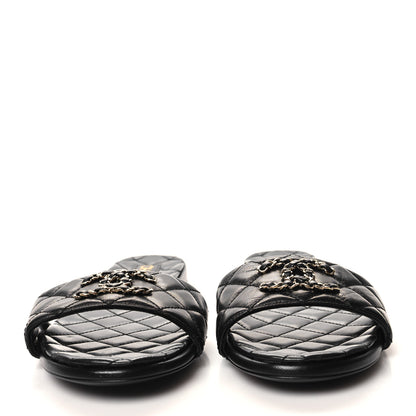 Chanel Shiny Goatskin Quilted CC Mules Sandals 39.5 Black 2 of 8