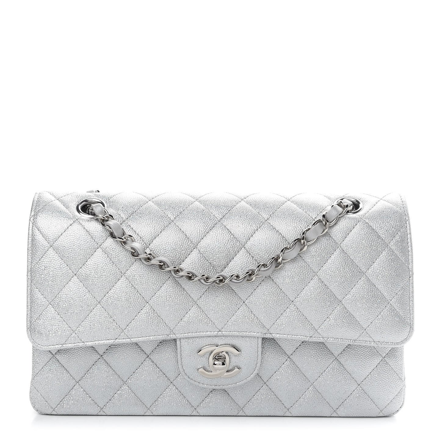 Glittered Metallic Caviar Quilted Medium Double Flap Silver