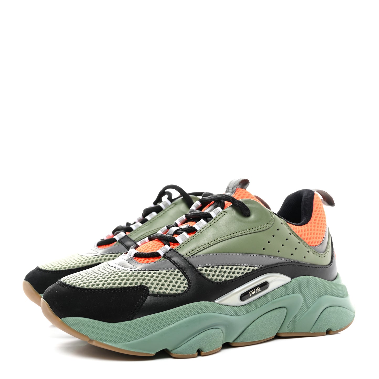 Technical Mesh Calfskin Mens B22 Sneakers 41 Olive Green Orange Black